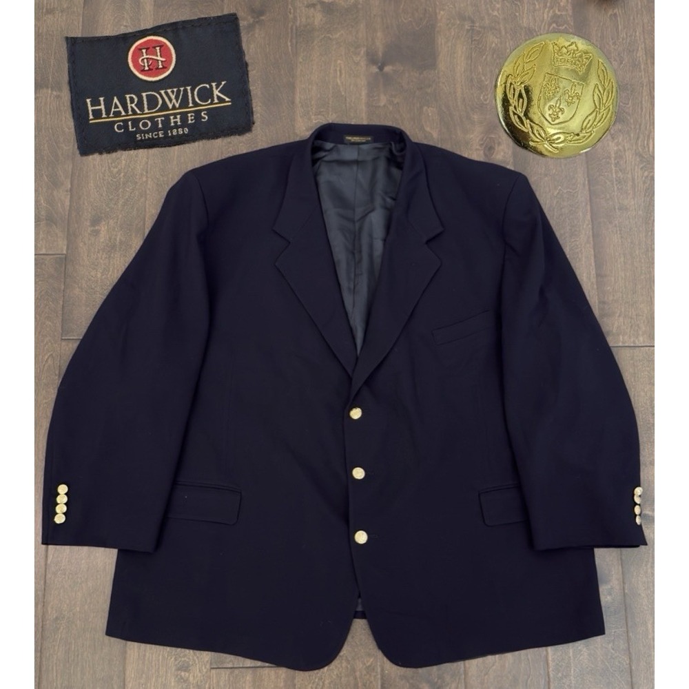 Vintage Hardwick Mens Navy Blue Three Button Suit Jacket Blazer Gold Buttons 56R